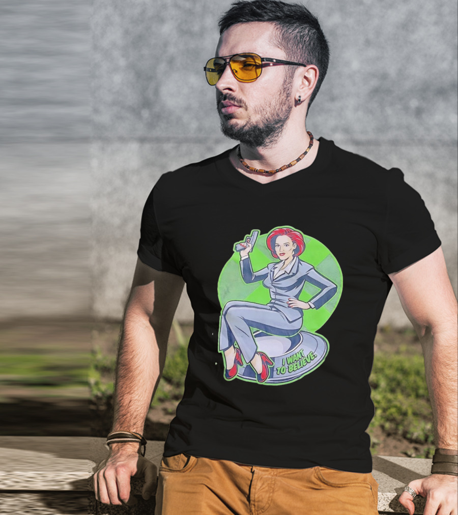 Gillian Anderson I Want To Believe Retro Cartoon Alien T-Shirt