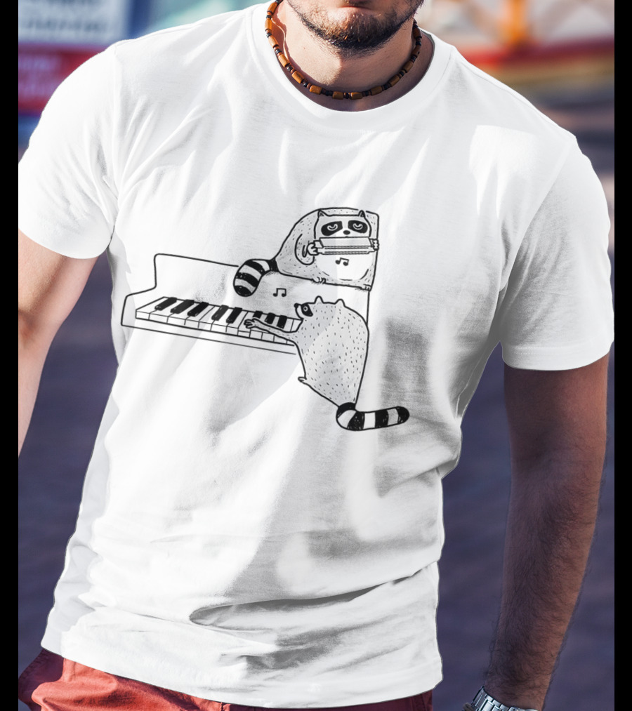 Racoon Playing Piano Nocturnal Musicians With Harmonica Duo T-Shirt
