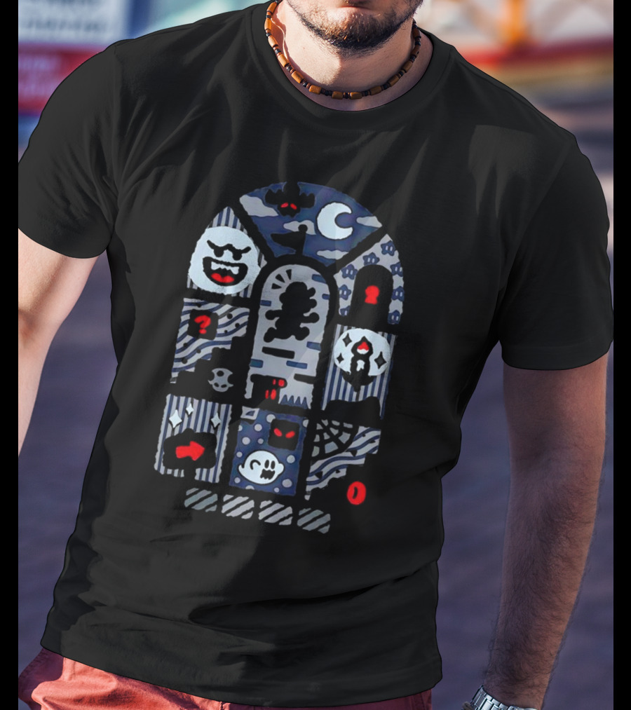 Super Mario World Ghost House Scene Elements Featuring Boo, Skull, And Keyhole T-Shirt