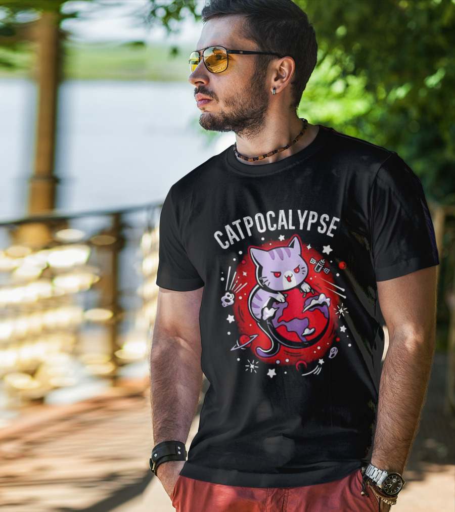 Catpocalypse Cat Battling Earth Amidst Cosmic Chaos T-Shirt