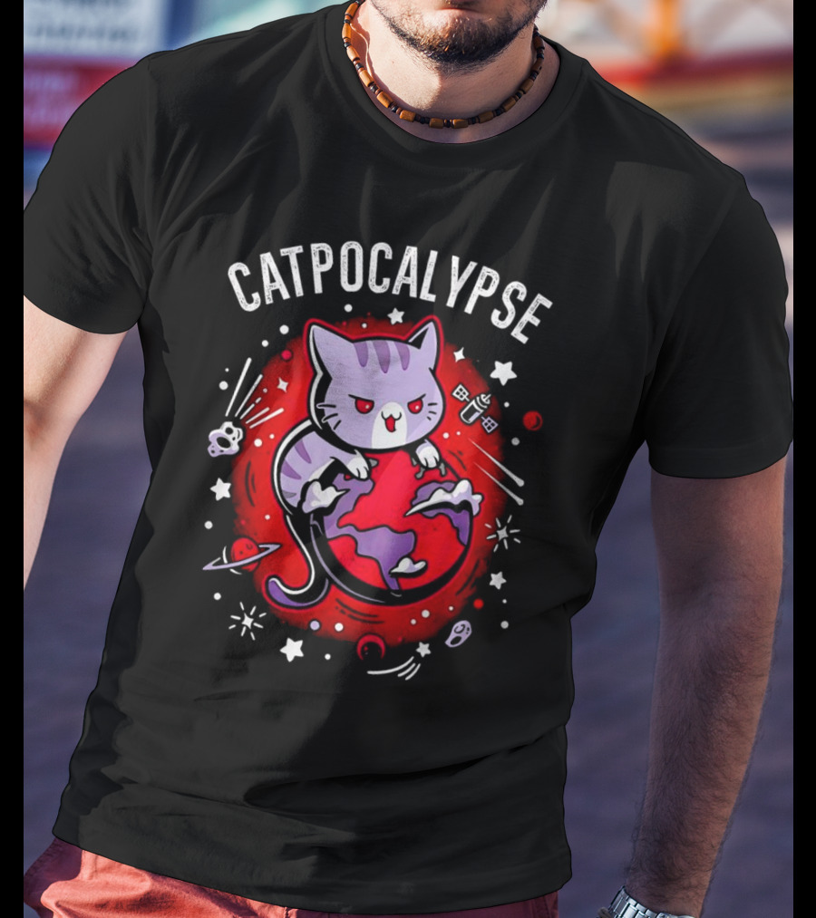 Catpocalypse Cat Battling Earth Amidst Cosmic Chaos T-Shirt