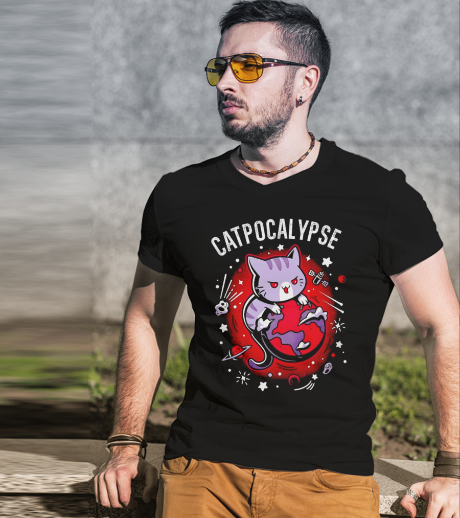 Catpocalypse Cat Battling Earth Amidst Cosmic Chaos T-Shirt