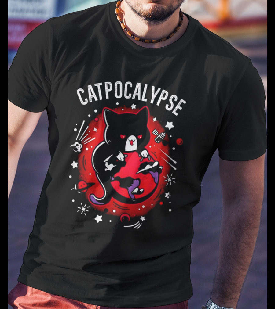 Catpocalypse Red Cat Holding Earth Surrounded By Space Elements T-Shirt