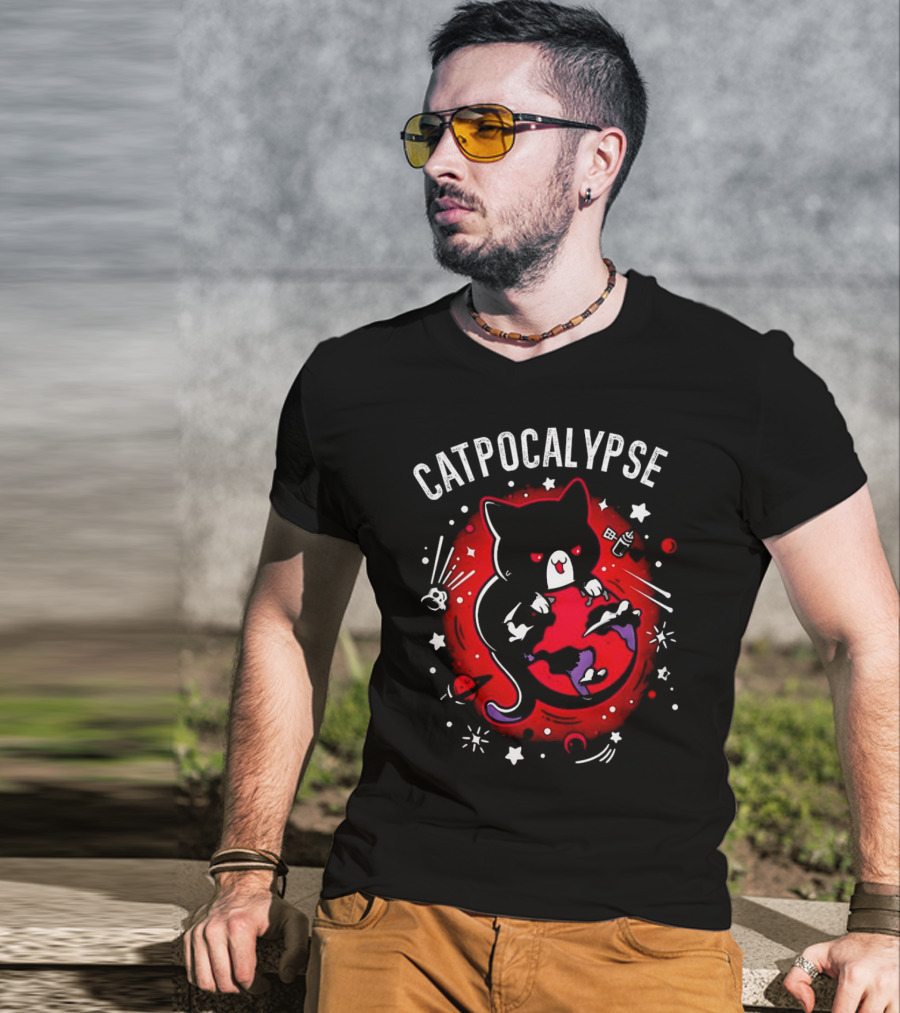 Catpocalypse Red Cat Holding Earth Surrounded By Space Elements T-Shirt