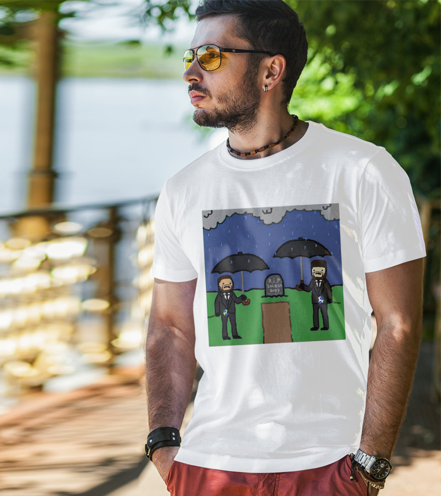 RIP SplashBros Cartoon Memorial With Suited Figures Holding Black Umbrellas T-Shirt