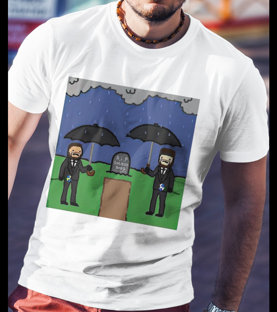 RIP SplashBros Cartoon Memorial With Suited Figures Holding Black Umbrellas T-Shirt
