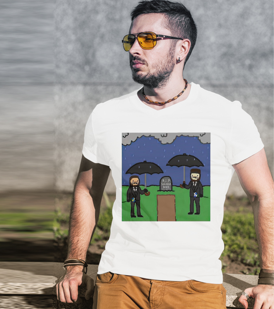 RIP SplashBros Cartoon Memorial With Suited Figures Holding Black Umbrellas T-Shirt