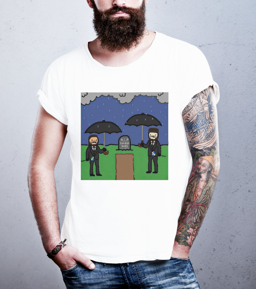 RIP SplashBros Cartoon Memorial With Suited Figures Holding Black Umbrellas T-Shirt