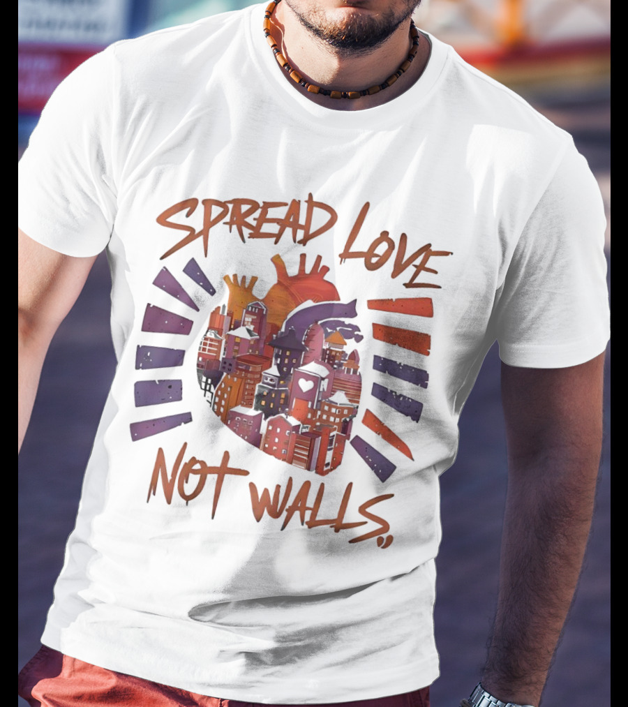 Spread Love Not Walls Cityscape Heart Crown Sunset T-Shirt