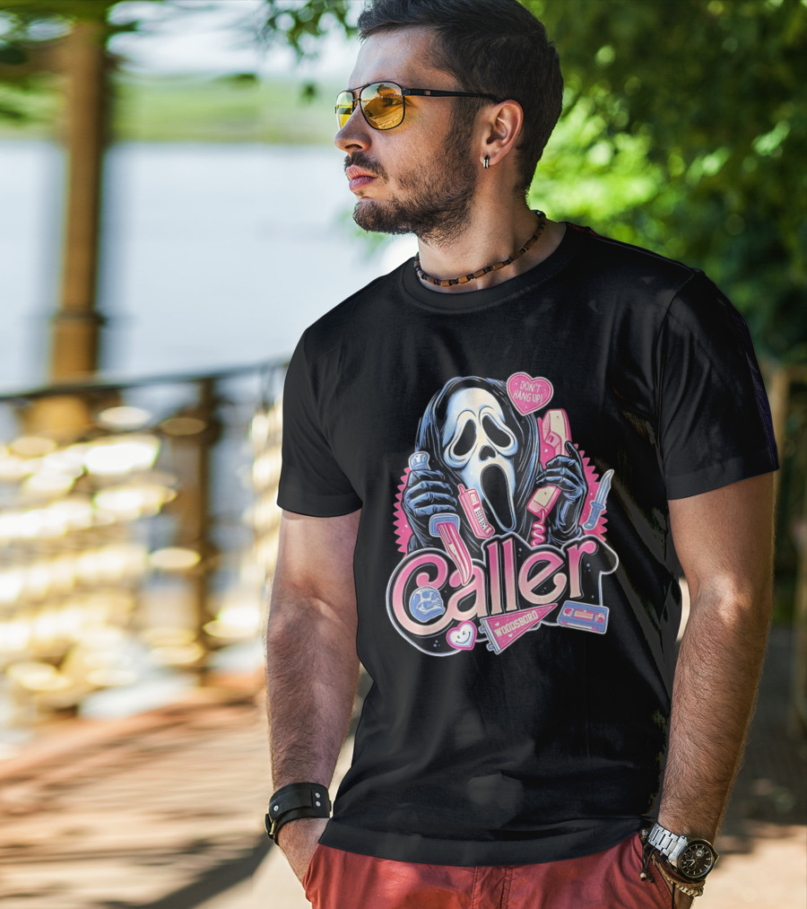 Caller Ghostface Woodsboro Don't Hang Up Pink Telephone Knife T-Shirt
