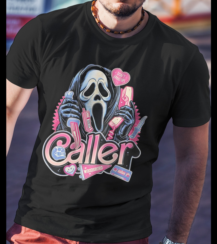Caller Ghostface Woodsboro Don't Hang Up Pink Telephone Knife T-Shirt