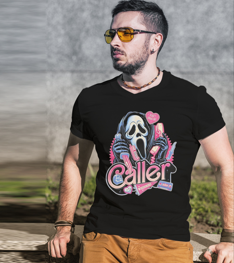 Caller Ghostface Woodsboro Don't Hang Up Pink Telephone Knife T-Shirt