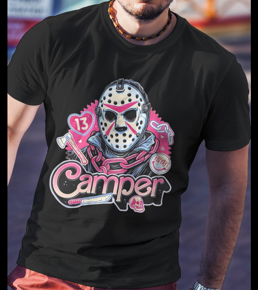 Camper 13 Jason Voorhees Mask And Chains With Ax And Knife Friyay Hearts T-Shirt