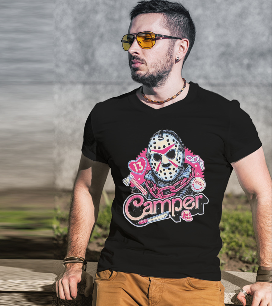 Camper 13 Jason Voorhees Mask And Chains With Ax And Knife Friyay Hearts T-Shirt