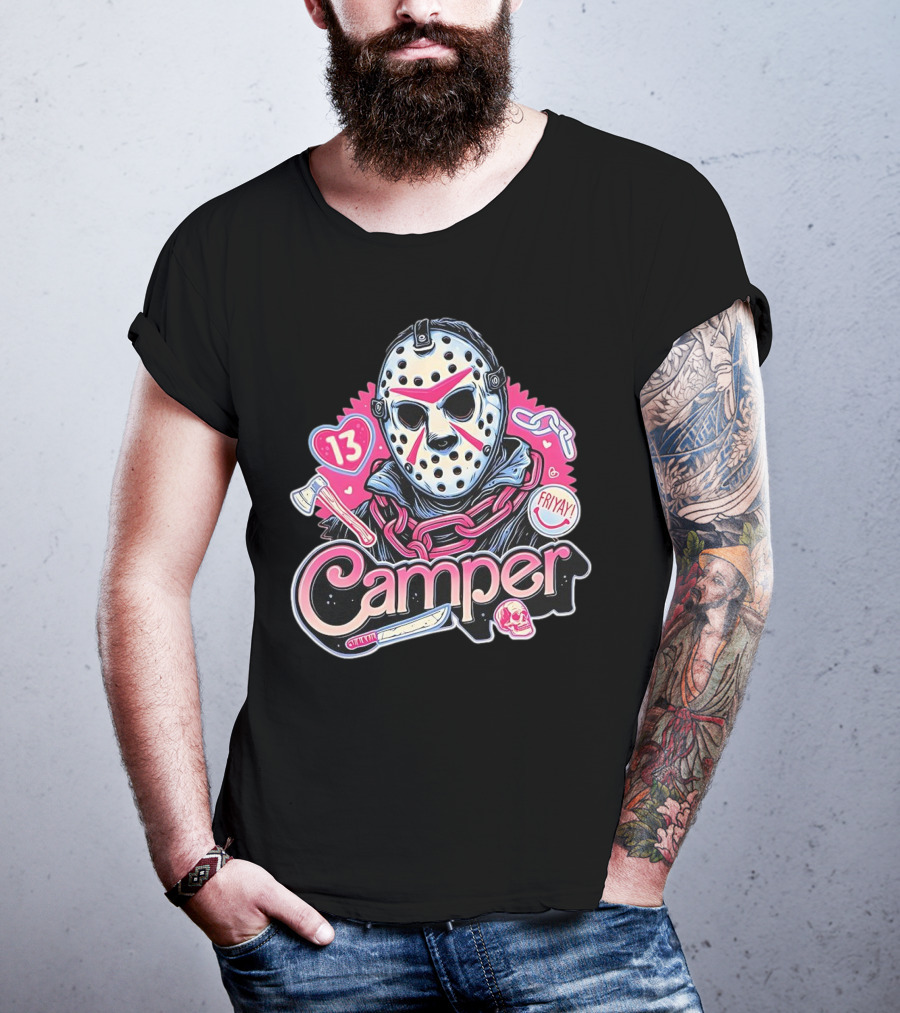 Camper 13 Jason Voorhees Mask And Chains With Ax And Knife Friyay Hearts T-Shirt