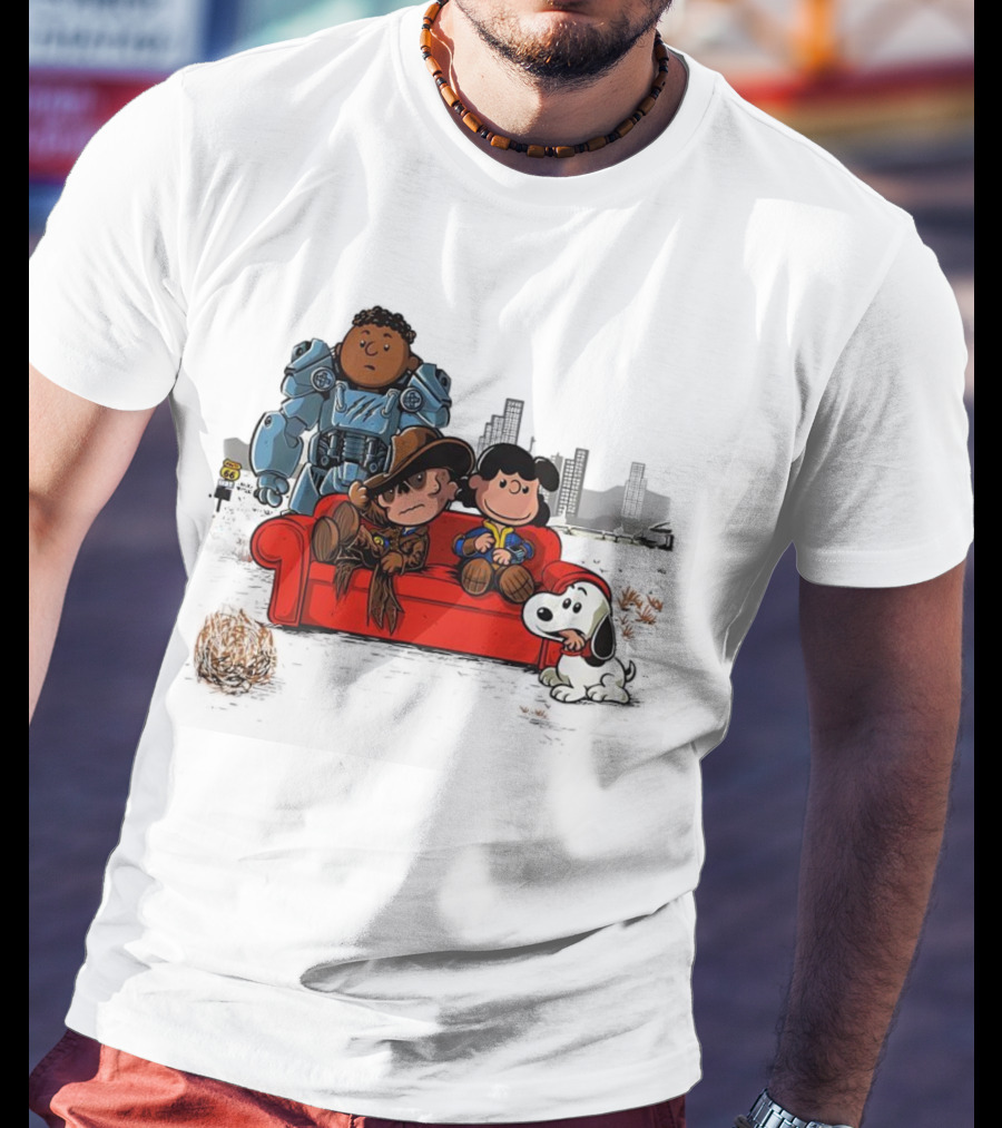 Peanuts Fallout Characters Crossover On Red Couch In Post-Apocalyptic City Scene T-Shirt