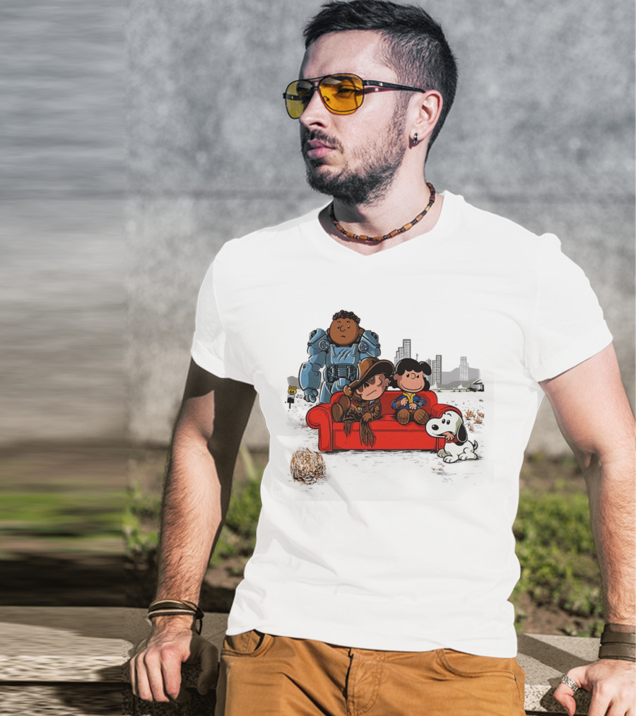 Peanuts Fallout Characters Crossover On Red Couch In Post-Apocalyptic City Scene T-Shirt