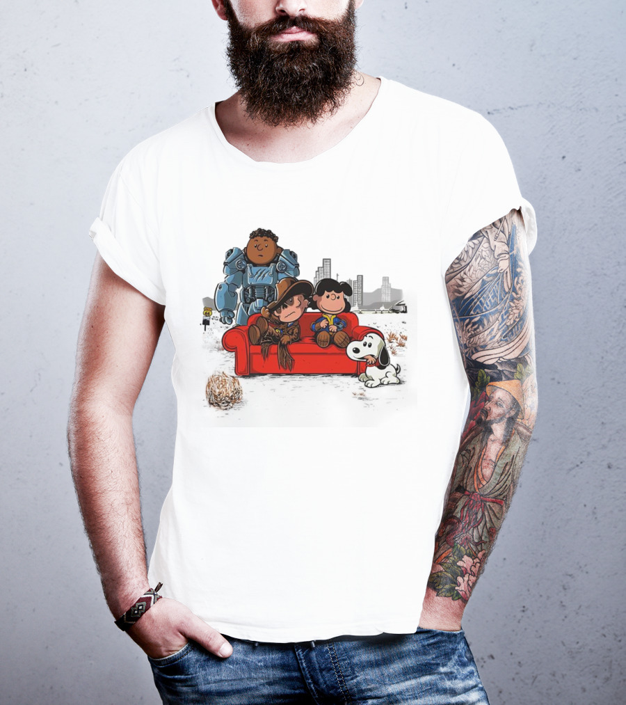 Peanuts Fallout Characters Crossover On Red Couch In Post-Apocalyptic City Scene T-Shirt