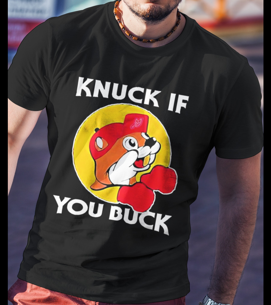 Knuck If You Buck Buc Ees Logo Red Cap Yellow Circle Boxing Gloves T-Shirt