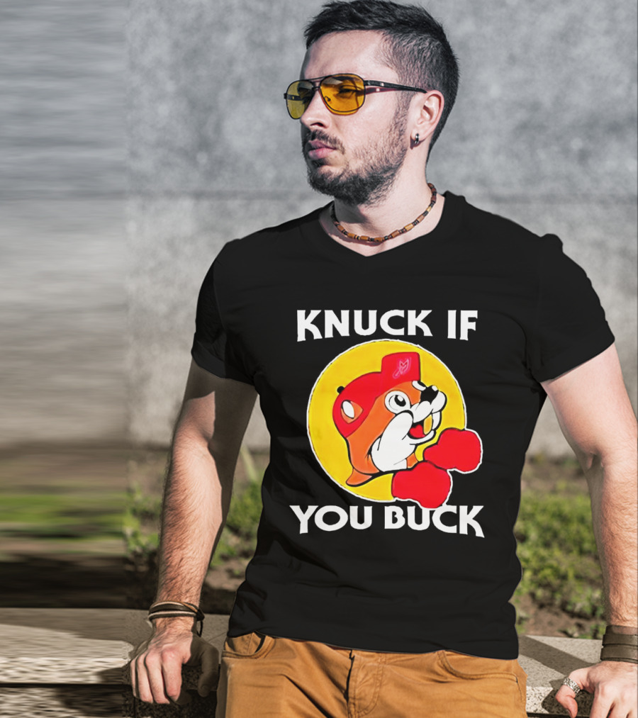 Knuck If You Buck Buc Ees Logo Red Cap Yellow Circle Boxing Gloves T-Shirt