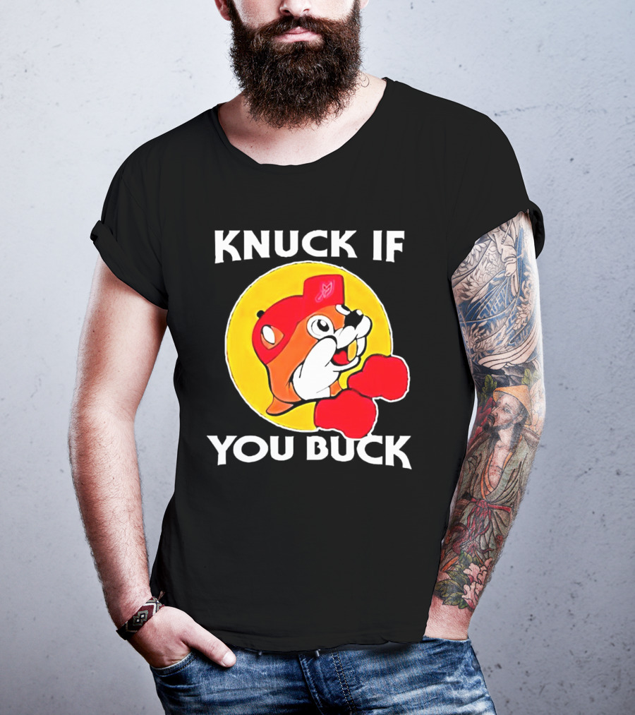 Knuck If You Buck Buc Ees Logo Red Cap Yellow Circle Boxing Gloves T-Shirt