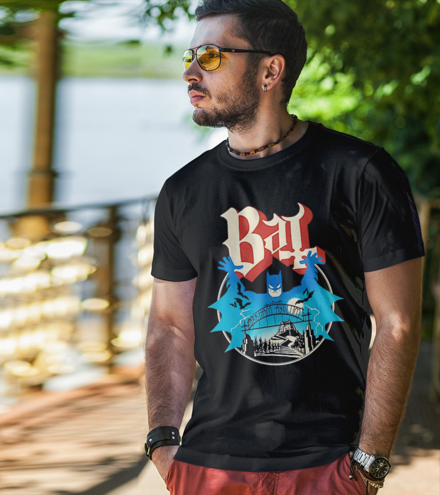Bat Gotham Asylum Blue Bat Symbol And Red Gothic Font T-Shirt