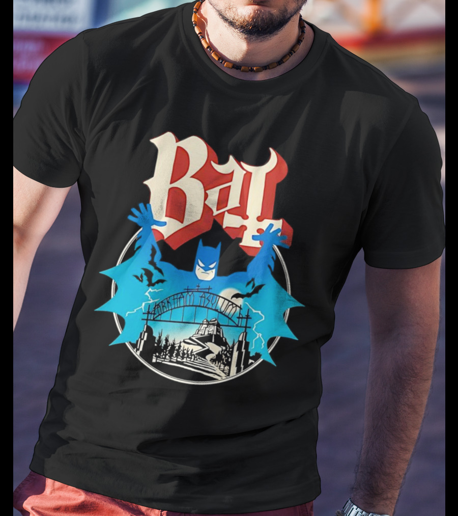Bat Gotham Asylum Blue Bat Symbol And Red Gothic Font T-Shirt