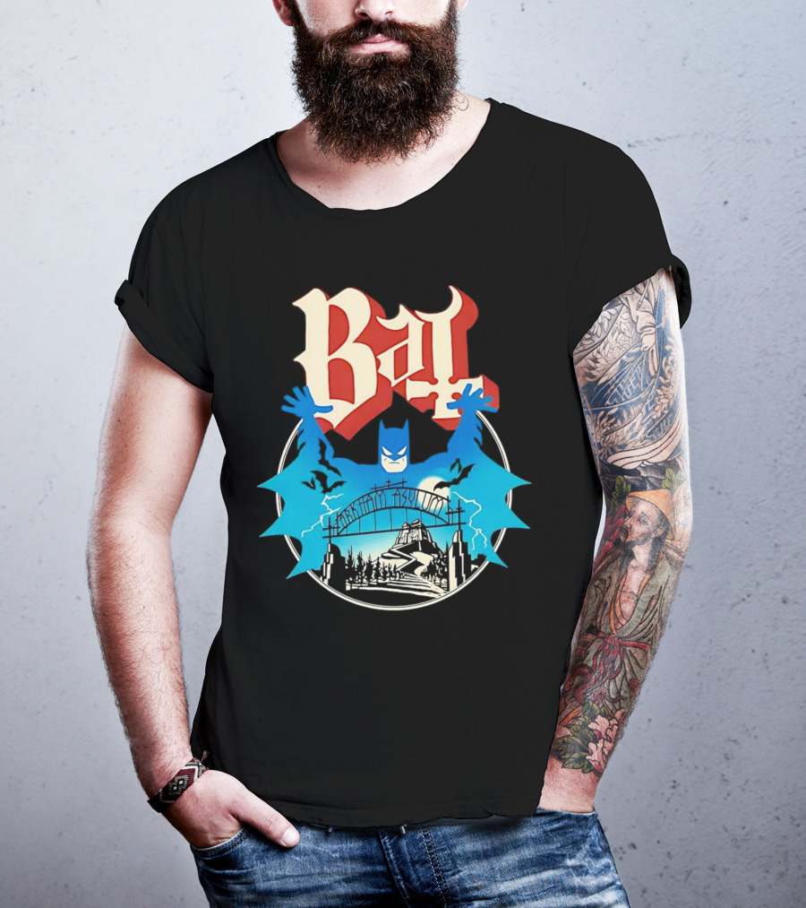 Bat Gotham Asylum Blue Bat Symbol And Red Gothic Font T-Shirt