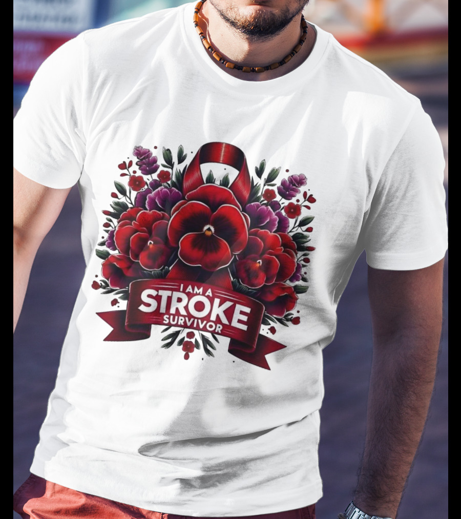I Am A Stroke Survivor Red Ribbon And Floral Bouquet T-Shirt