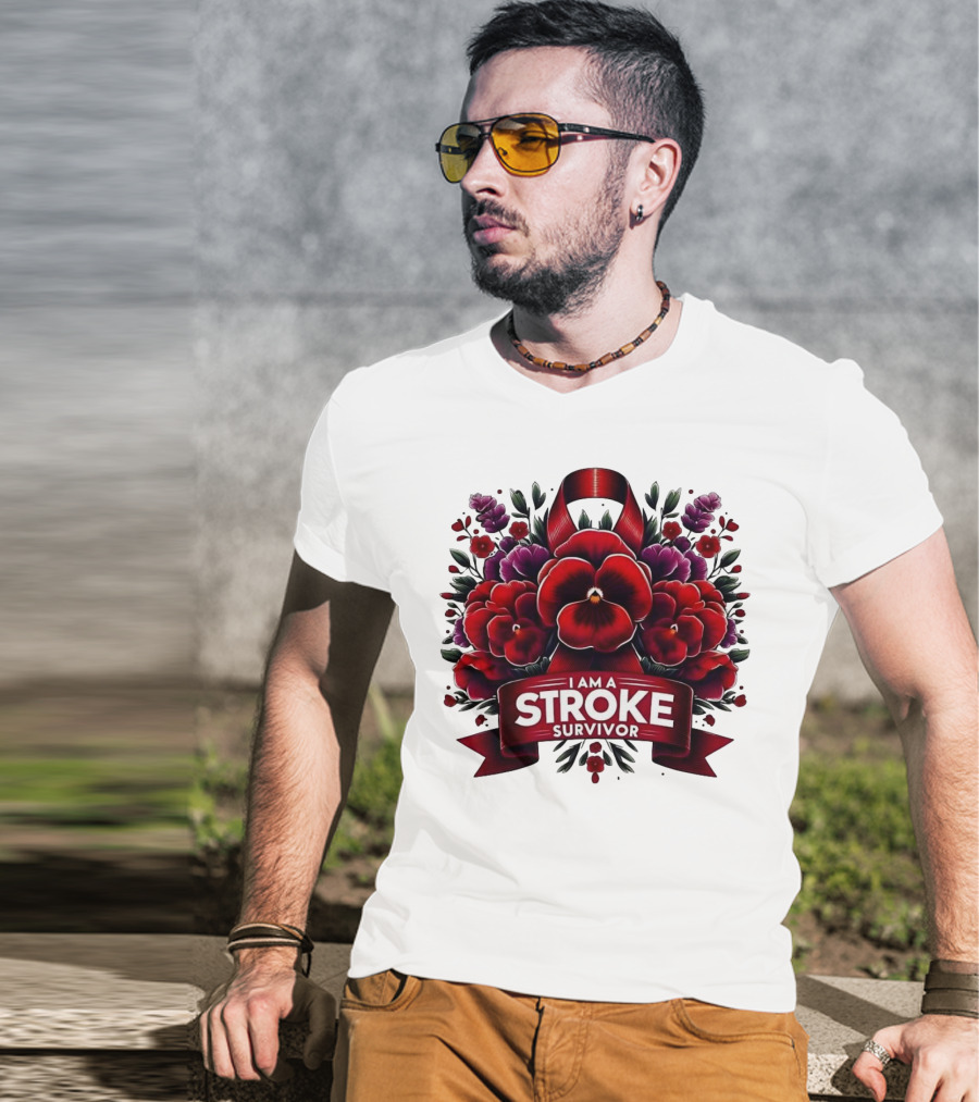 I Am A Stroke Survivor Red Ribbon And Floral Bouquet T-Shirt