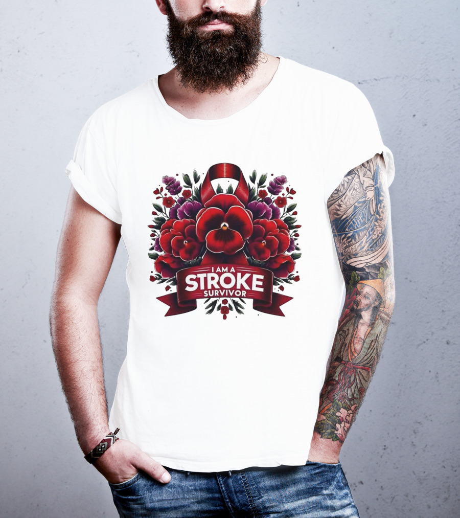 I Am A Stroke Survivor Red Ribbon And Floral Bouquet T-Shirt