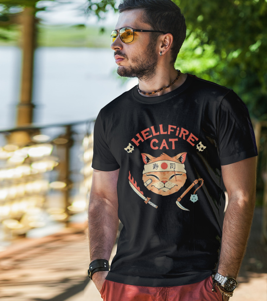 Hellfire Cat Sushi Samurai With Nunchaku And Flaming Sword T-Shirt