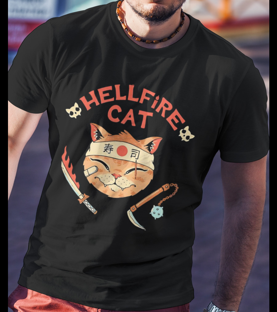 Hellfire Cat Sushi Samurai With Nunchaku And Flaming Sword T-Shirt