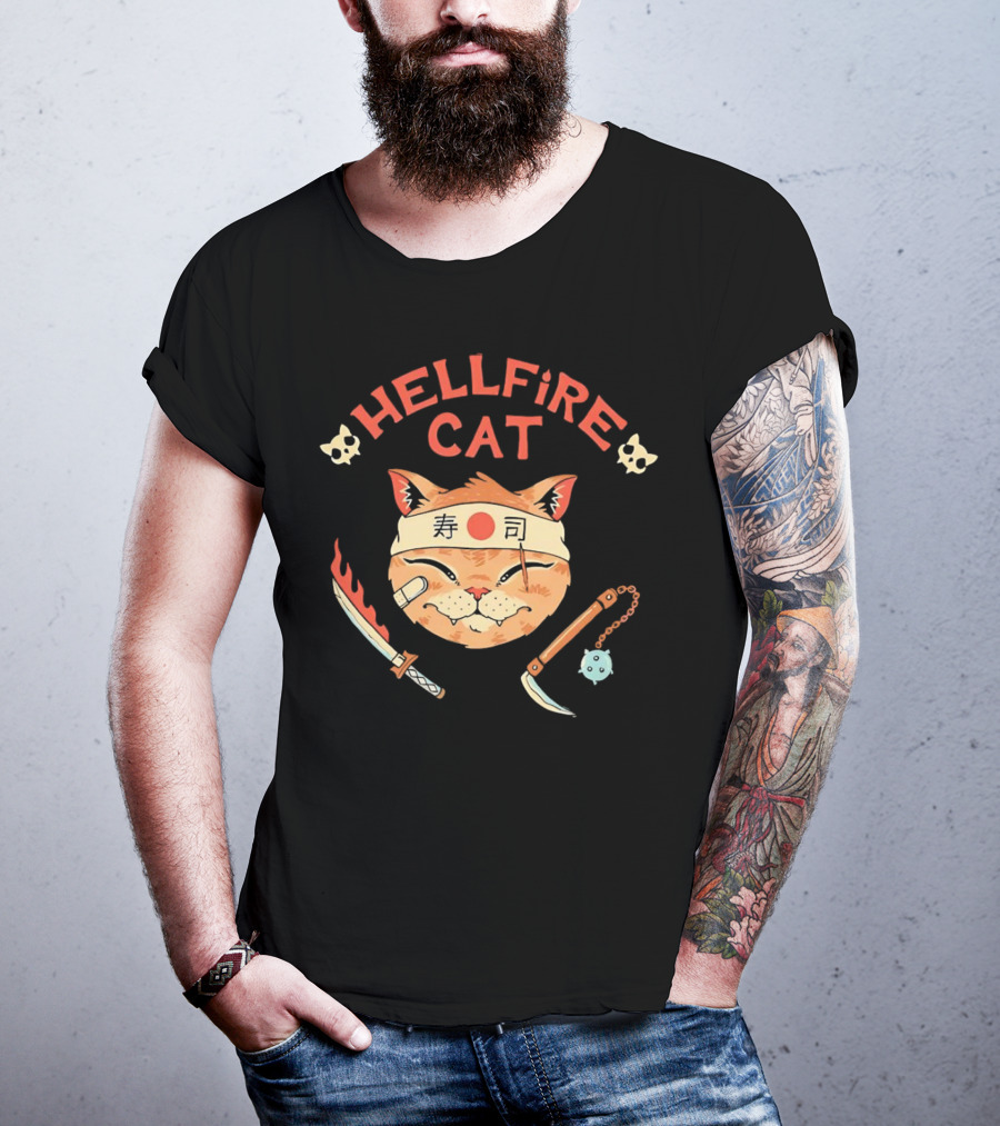 Hellfire Cat Sushi Samurai With Nunchaku And Flaming Sword T-Shirt