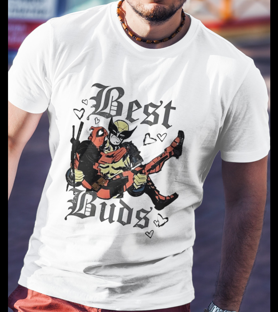 Best Buds Wolverine Carrying Deadpool With Hearts T-Shirt