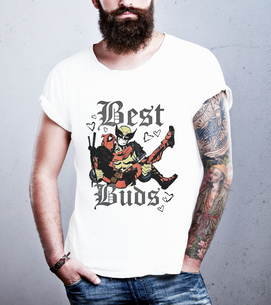 Best Buds Wolverine Carrying Deadpool With Hearts T-Shirt