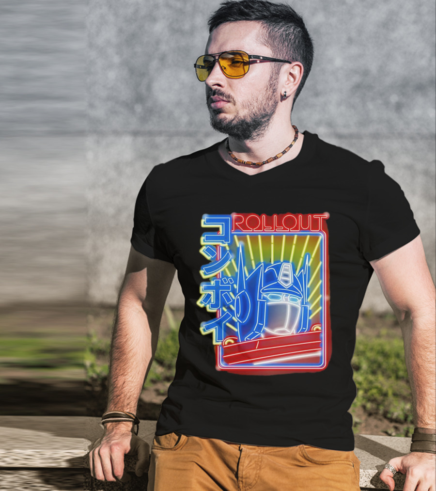 Rollout Neon Prime Robot Head With Japanese Characters T-Shirt