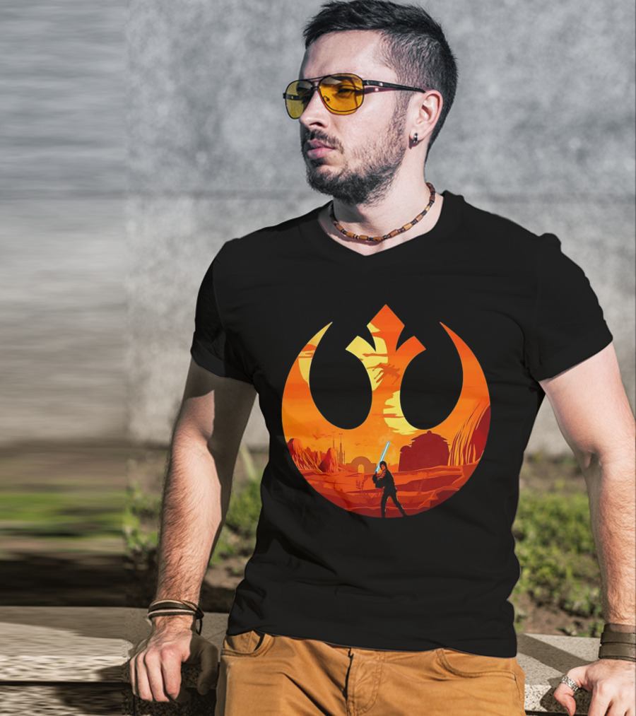 Luke Skywalker The Knight Farmer Tatooine Rebel Symbol Sunset Scene T-Shirt