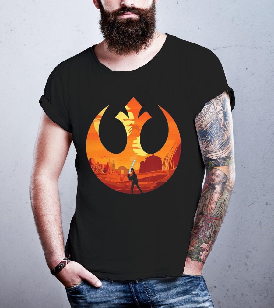 Luke Skywalker The Knight Farmer Tatooine Rebel Symbol Sunset Scene T-Shirt