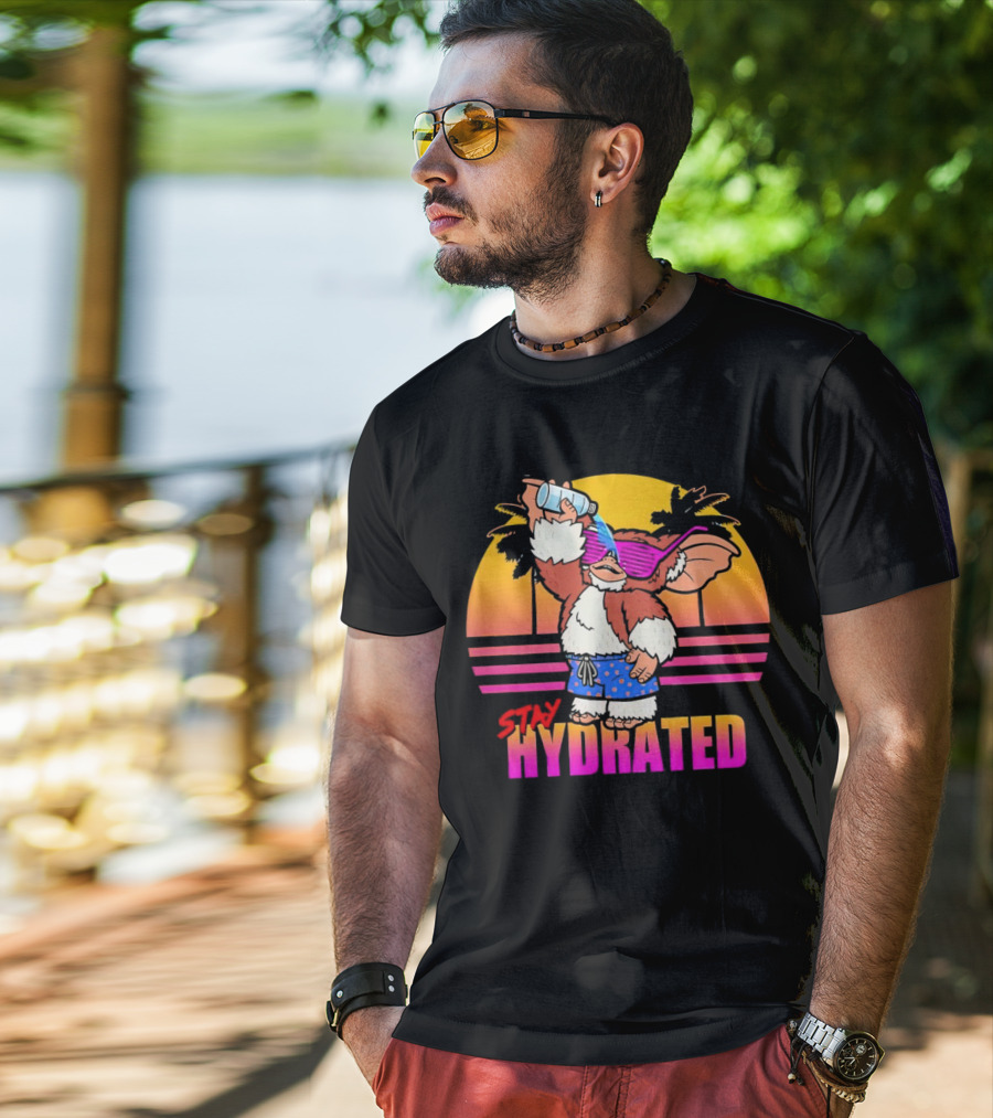 Stay Hydrated Gizmo Summer Beach Vibes With Sunset And Palm Trees T-Shirt