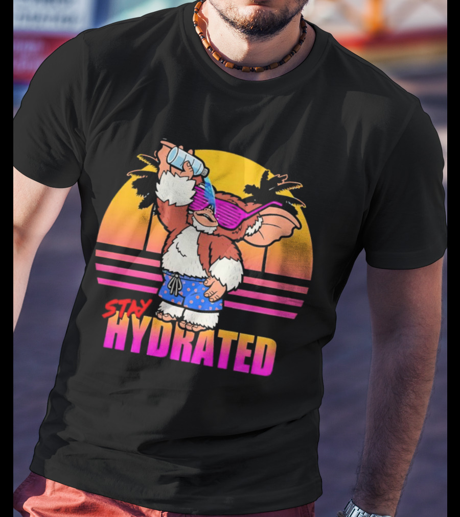 Stay Hydrated Gizmo Summer Beach Vibes With Sunset And Palm Trees T-Shirt