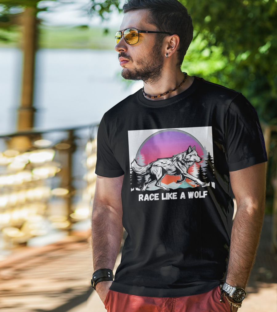 Race Like A Wolf Running Through Forest Silhouette At Sunset T-Shirt
