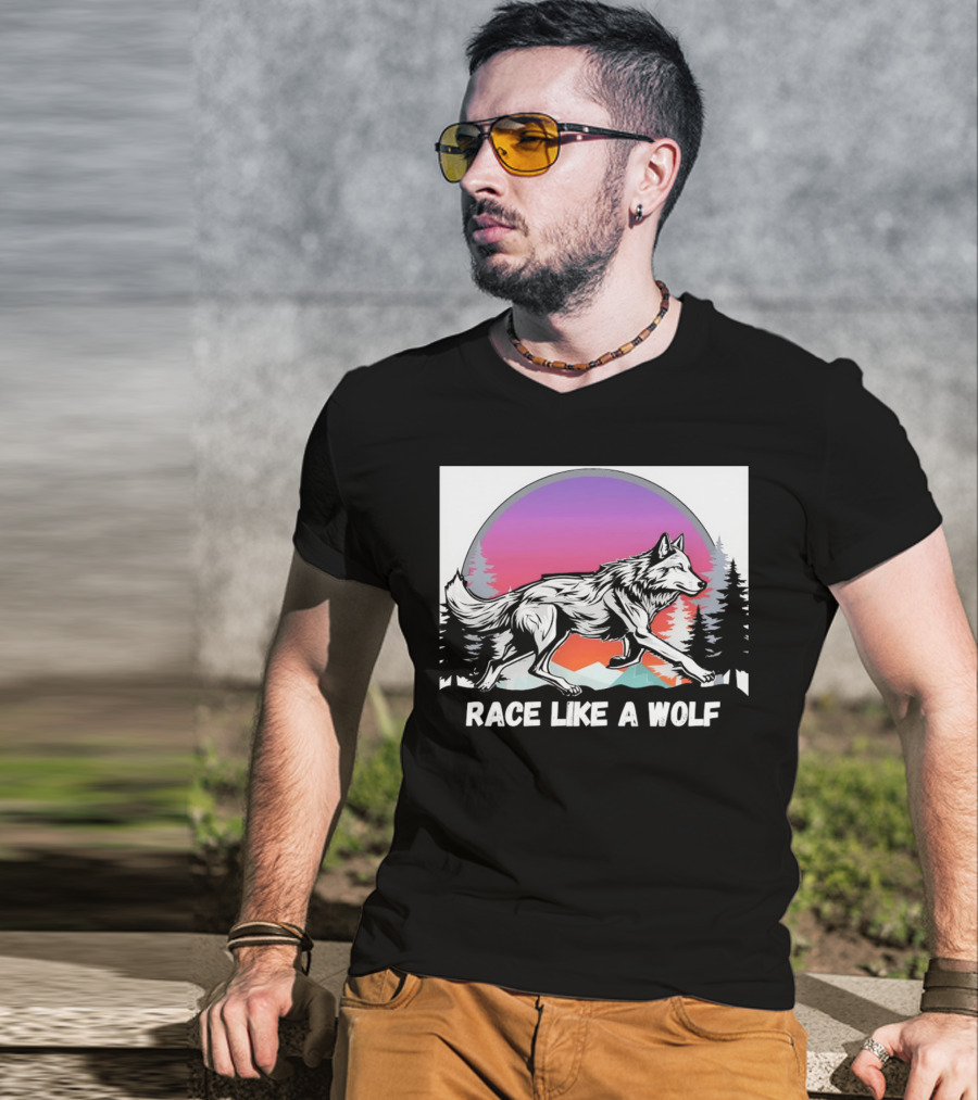 Race Like A Wolf Running Through Forest Silhouette At Sunset T-Shirt