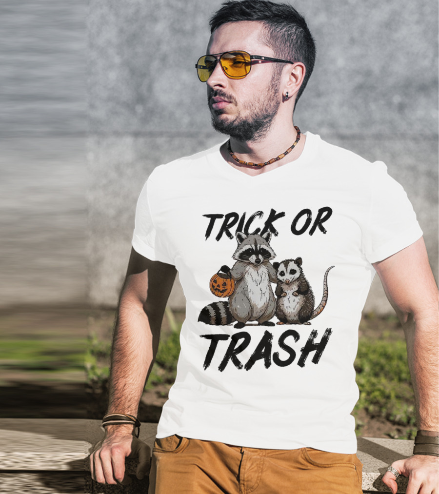 Trick Or Trash Halloween Raccoon With Pumpkin T-Shirt