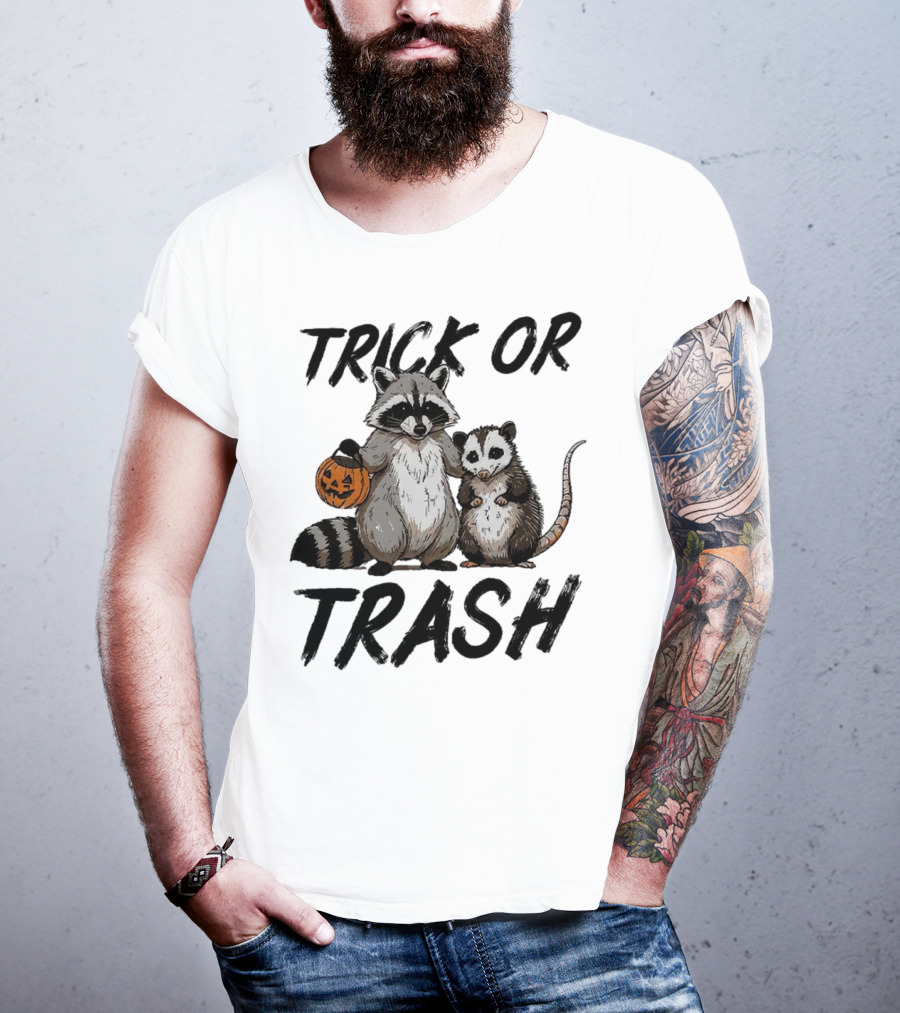 Trick Or Trash Halloween Raccoon With Pumpkin T-Shirt