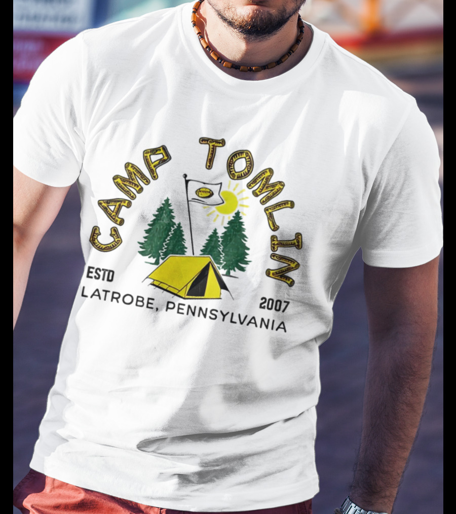 Camp Tomlin Established 2007 Latrobe Pennsylvania Football Camping Tent Trees Moon Sun T-Shirt