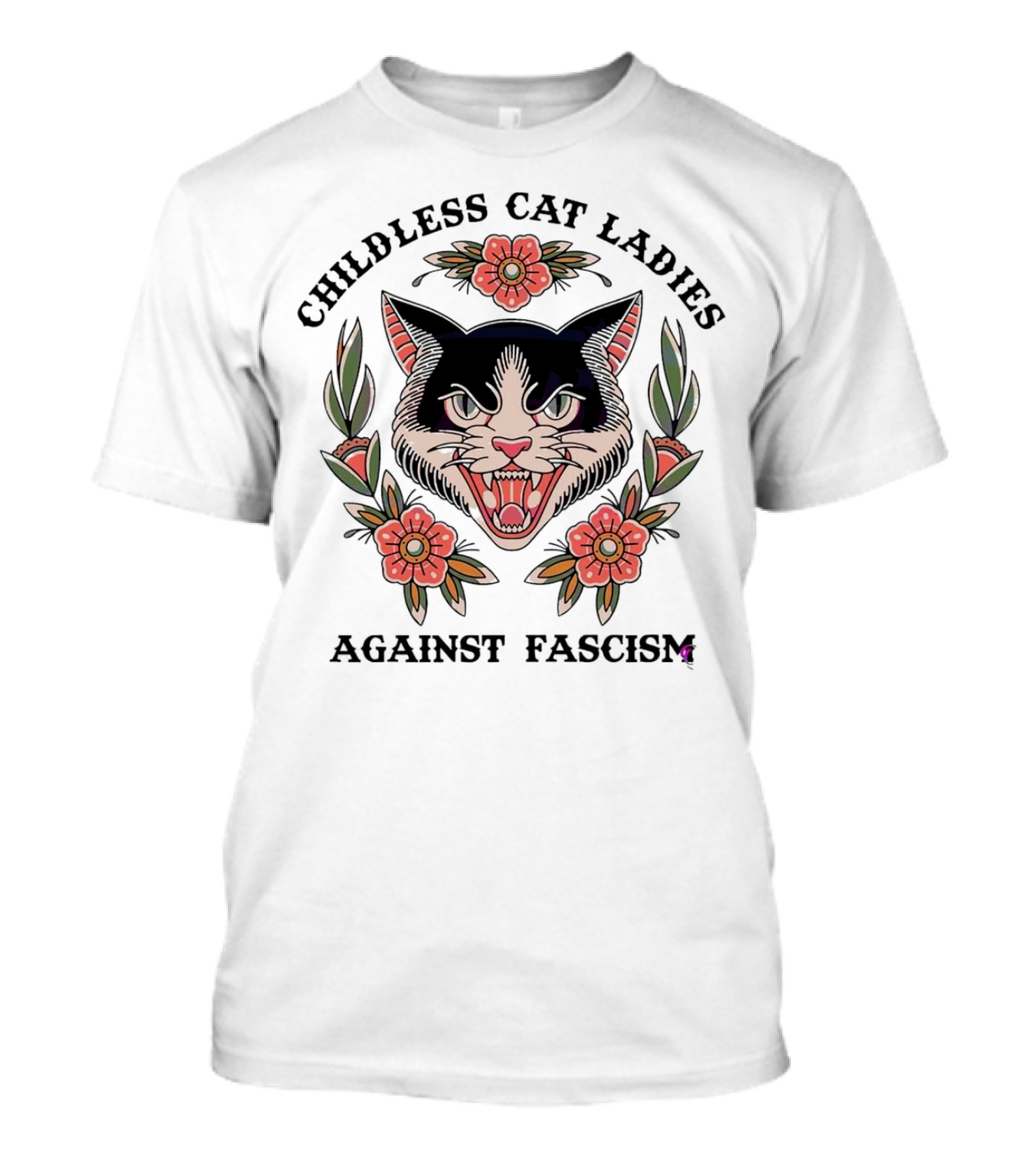 Childless Cat Ladies Against Fascism Fierce Cat With Flowers T-Shirt