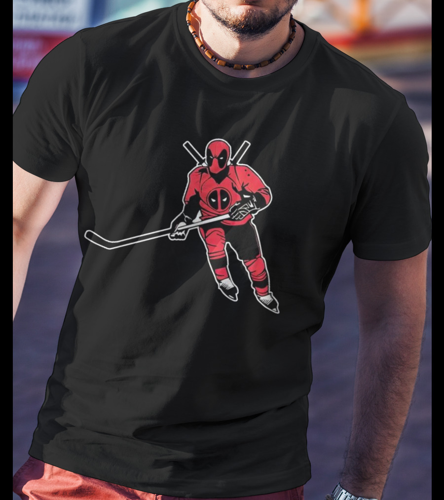 Deadpool Playing Hockey With Iconic Mask And Costume T-Shirt
