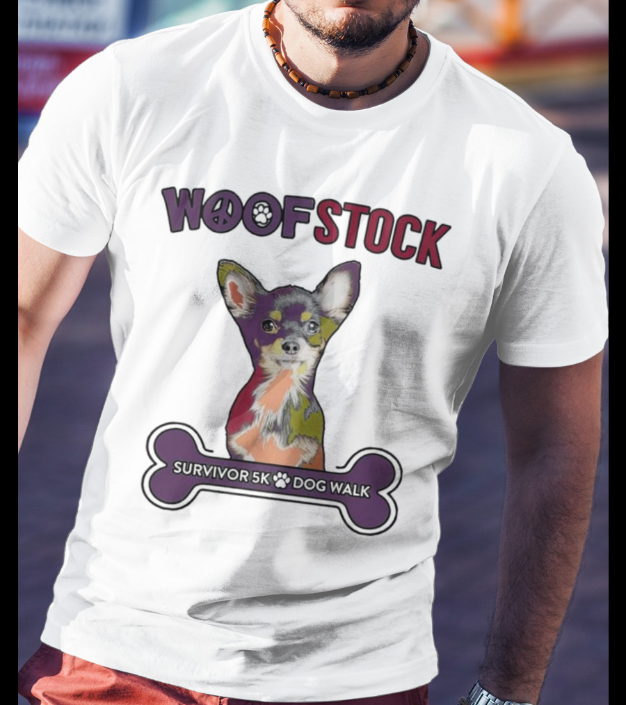 Woof Stock Peace Sign Survivor 5K Dog Walk Colorful Chihuahua Bone T-Shirt