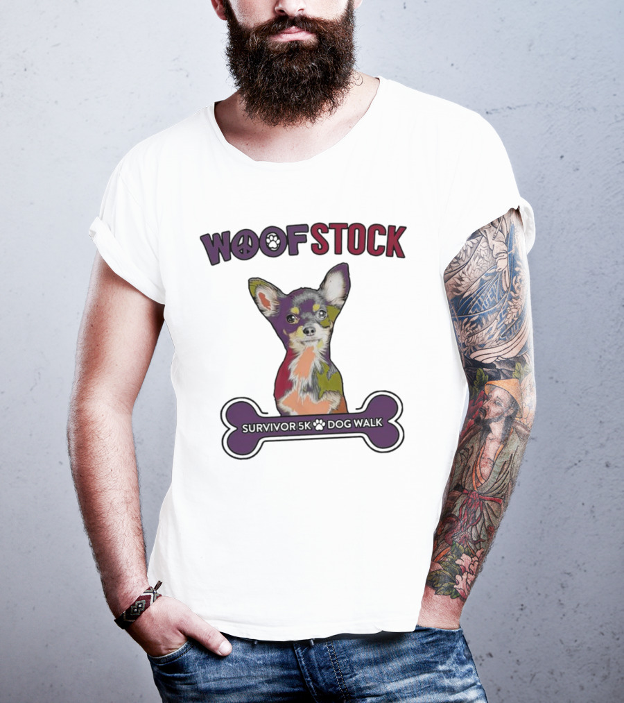 Woof Stock Peace Sign Survivor 5K Dog Walk Colorful Chihuahua Bone T-Shirt